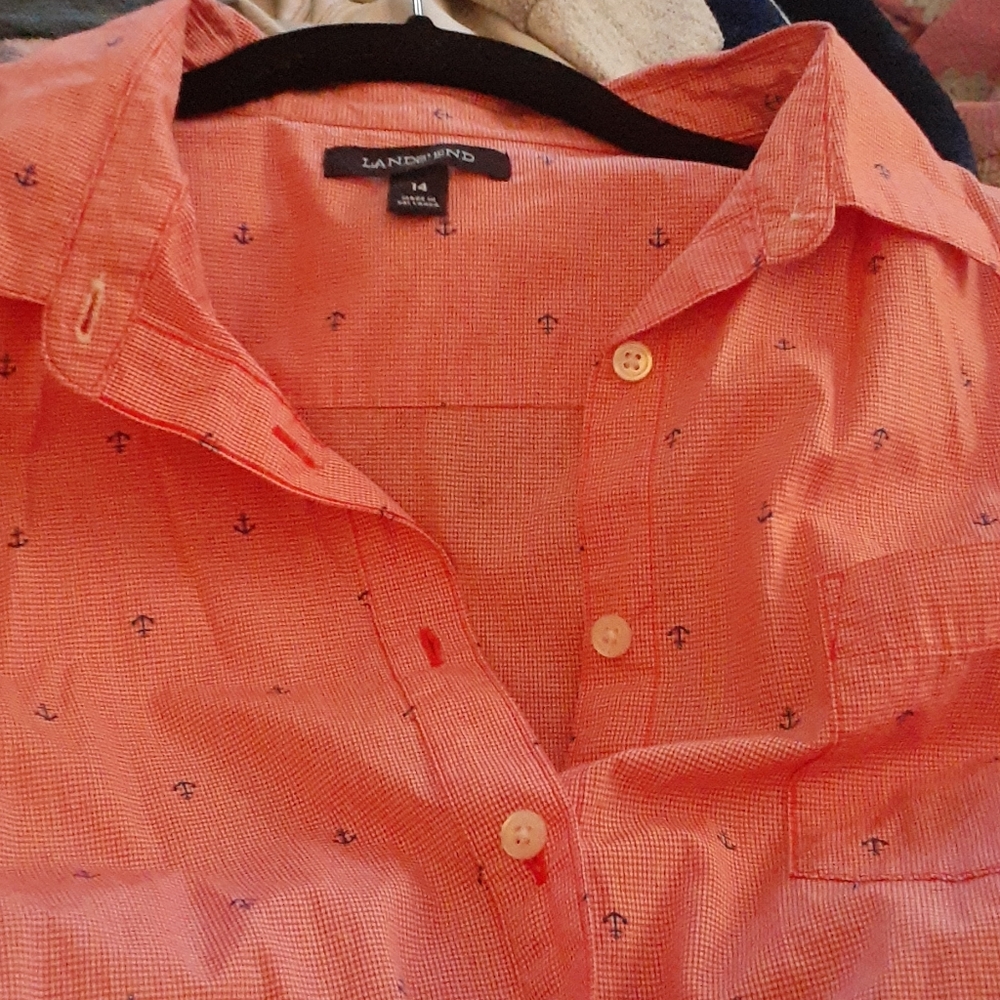 Land's End small red and white shirt with navy blue anchors all over. Beautiful!